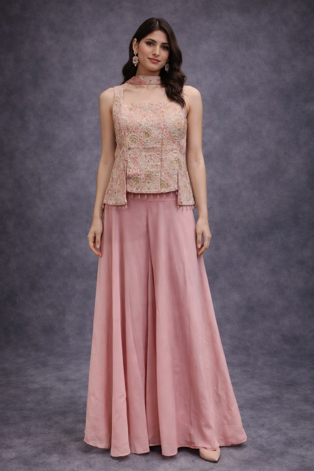 Blush Pink Silk Co-ord Set with Embroidered Peplum Top